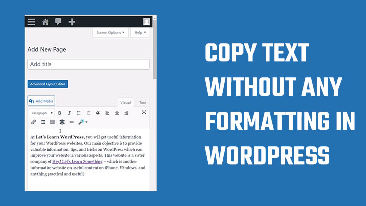 copy Text without any formatting in WordPress